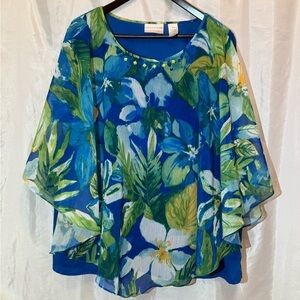 Alfred Dunner Woman Floral Overlay Blouse Size 22W – Blue Tropical Print